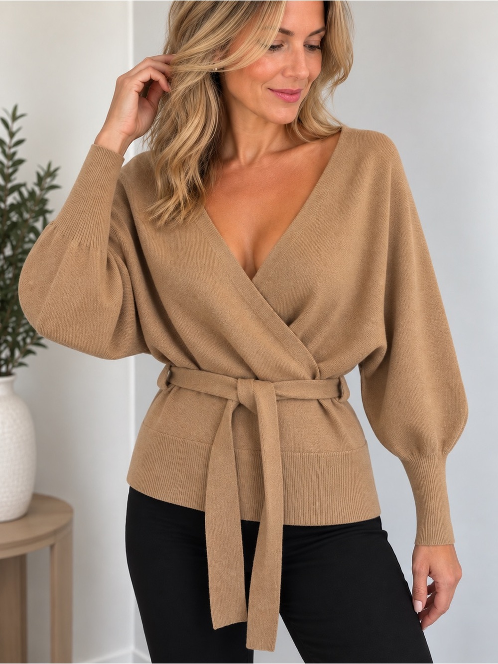 KOOLOOK Camel Wrap Belted Knit Sweater Dolman Sleeve Small